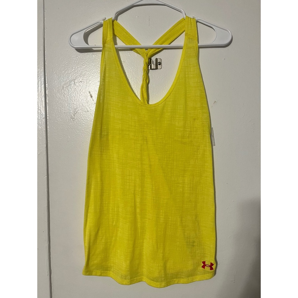 Under Armour HeatGear Tank Top Womens Medium Neon Yellow Twisted Racerback Loose